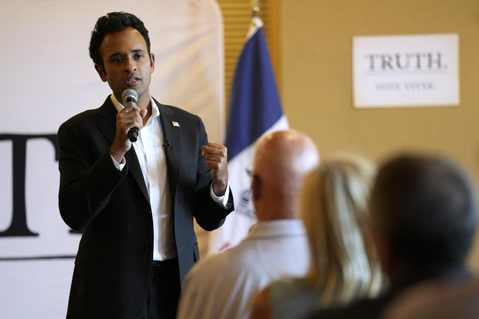 FILE - Republican presidential candidate Vivek Ramaswamy speaks during a town hall meeting, Friday, Sept. 8, 2023, in Carroll, Iowa. (AP Photo/Charlie Neibergall, File)