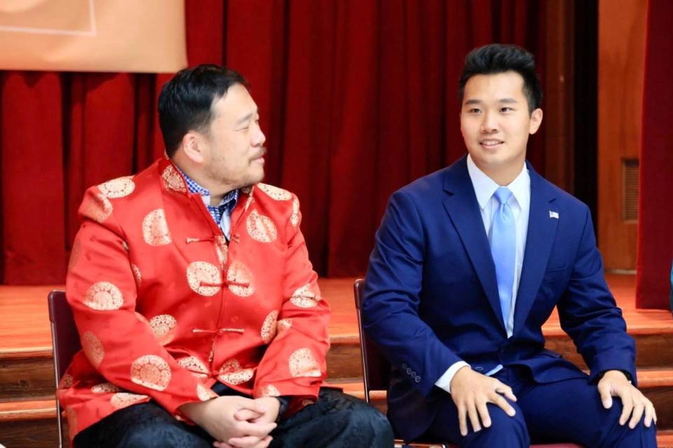 Y.F. Lou (left) and Devin Jiang speak at a Make Us Visible Delaware event — launching under the mission to push for more Asian American history to infuse with K-12 curricula in Delaware — in the Chinese American Community Center, of Hockessin, on Sept. 30, 2023.