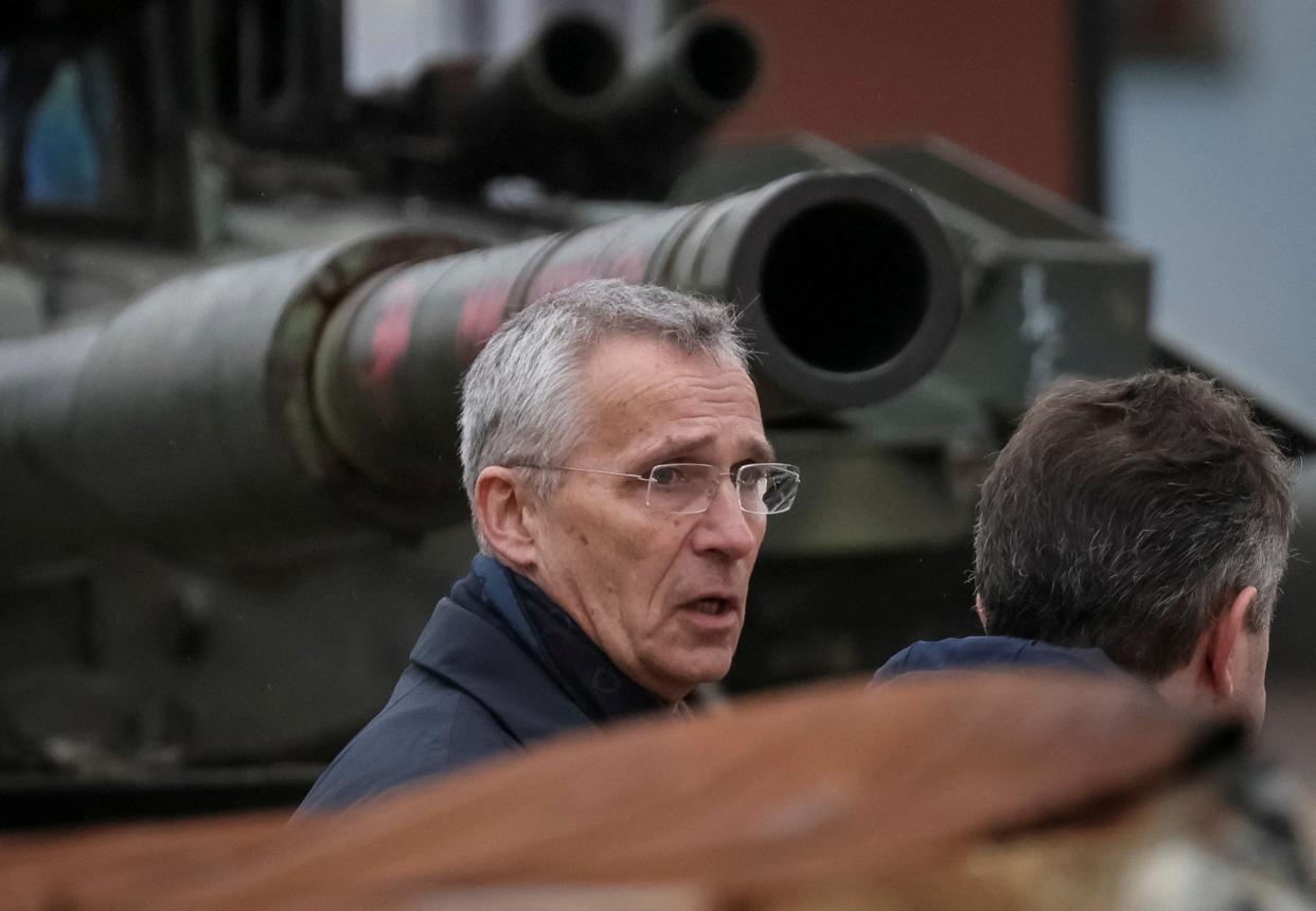 NATO secretary-general Jens Stoltenberg visits an exhibition displaying destroyed Russian military vehicles in Ukraine (REUTERS)