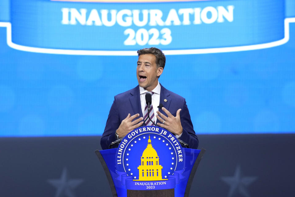 Newley elected Illinois Secretary of State Alexi Giannoulias addresses the crowd after taking the oath of office during ceremonies Monday, Jan. 9, 2023, in Springfield, Ill. (AP Photo/Charles Rex Arbogast)