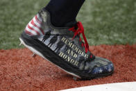 The cleats of New York Yankees' Aaron Judge are viewed during the first inning of a baseball game against the Tampa Bay Rays, Saturday, May 28, 2022, in St. Petersburg, Fla. (AP Photo/Scott Audette)