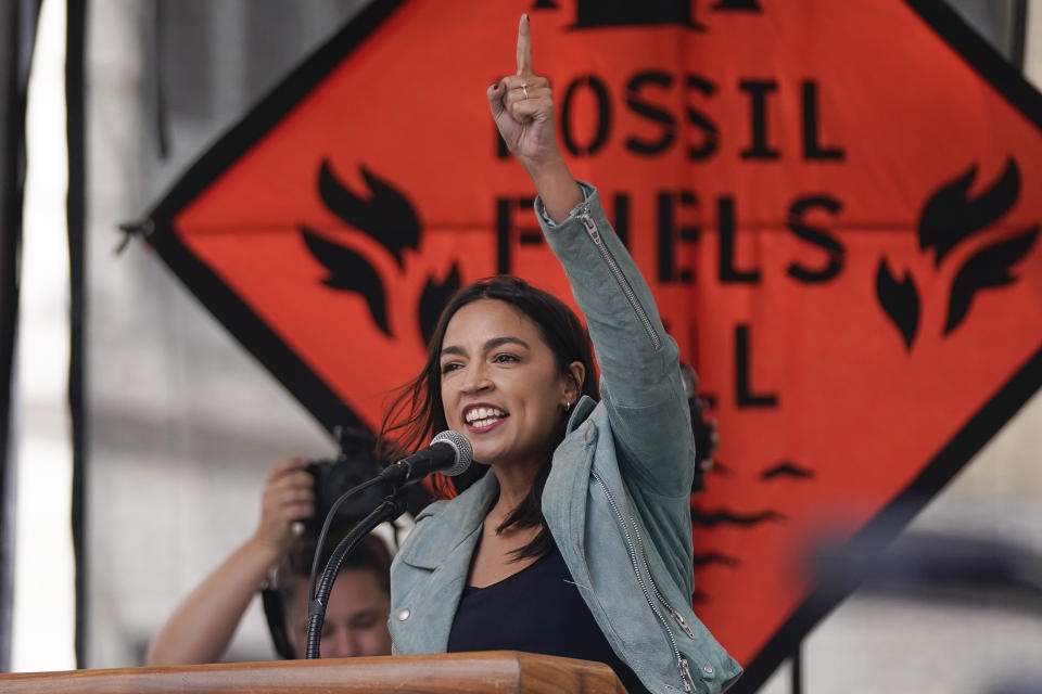 U.S. Rep. Alexandria Ocasio-Cortez (D-N.Y) speaks at a rally to end the use of fossil fuels, in New York, Sunday, Sept. 17, 2023. (AP Photo / Bryan Woolston)