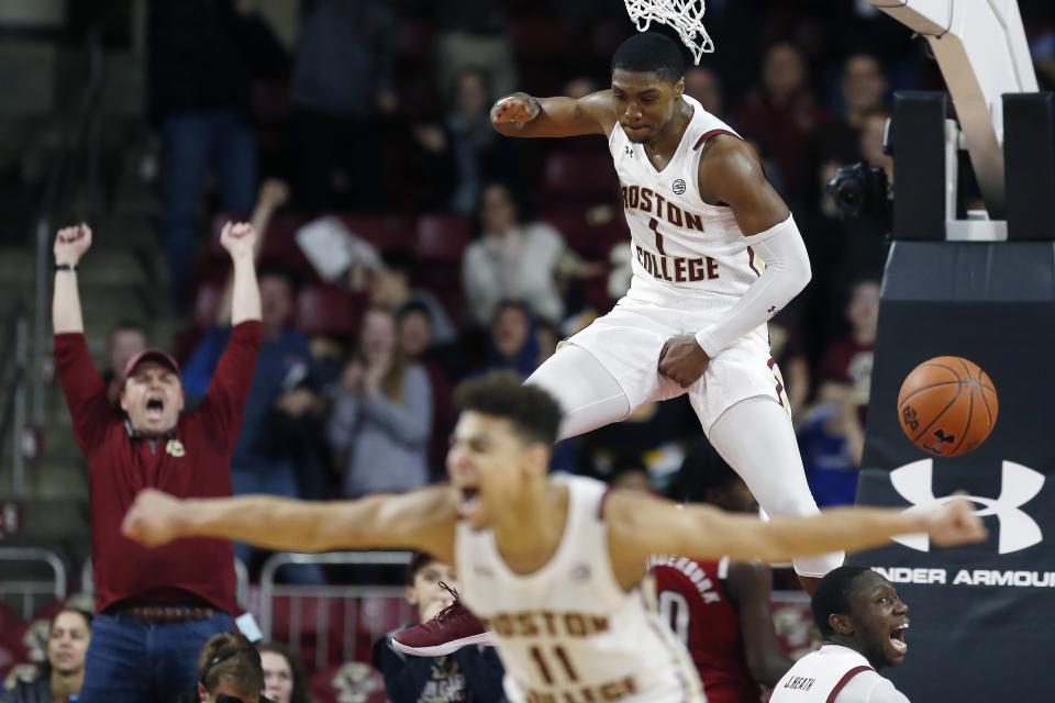 Boston College's Jairus Hamilton (1) celebrates a dunk during the second half of an NCAA college basketball game against North Carolina State in Boston, Sunday, Feb. 16, 2020. (AP Photo/Michael Dwyer)