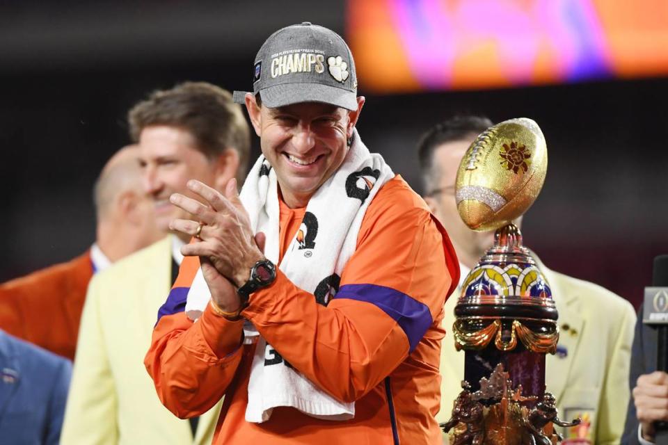 Head coach Dabo Swinney of the Clemson Tigers celebrates his teams 29-23 win over the Ohio State Buckeyes in the College Football Playoff Semifinal at the PlayStation Fiesta Bowl at State Farm Stadium on December 28, 2019 in Glendale, Arizona. (Norm Hall/Getty Images/TNS)