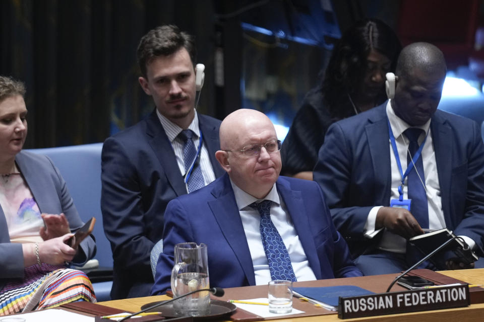 Russian ambassador to the United Nations Vassily Nebenzia listens to speakers during a Security Council meeting at United Nations headquarters, Friday, June 28, 2024. (AP Photo/Seth Wenig)