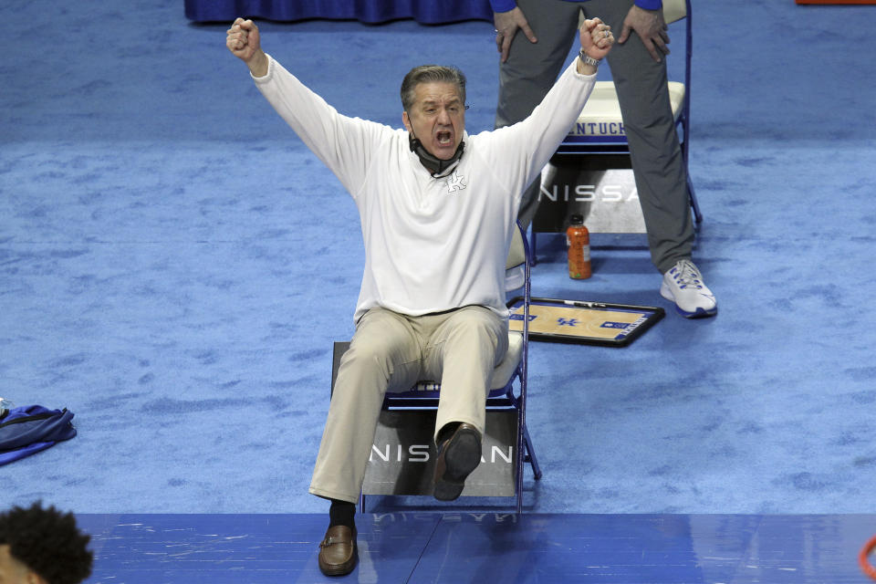 Kentucky head coach John Calipari reacts to a play during the first half of an NCAA college basketball game against Florida in Lexington, Ky., Saturday, Feb. 27, 2021. (AP Photo/James Crisp)