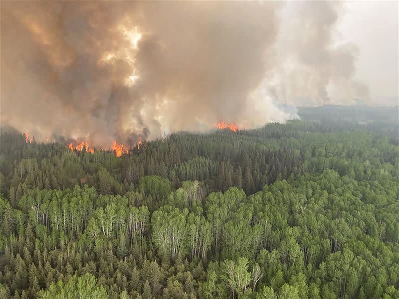 Smoke rises from the Paskwa Wildfire (HLW030) as it burns near the Wood Buffalo National Park boundary