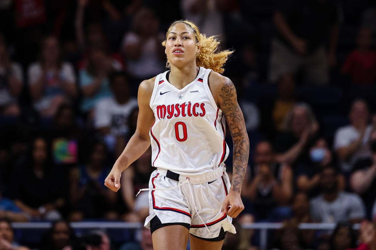 WASHINGTON, DC - JUNE 03: Shakira Austin #0 of the Washington Mystics reacts during the second half of the game against the Minnesota Lynx at Entertainment & Sports Arena on June 3, 2023 in Washington, DC. NOTE TO USER: User expressly acknowledges and agrees that, by downloading and or using this photograph, User is consenting to the terms and conditions of the Getty Images License Agreement. (Photo by Scott Taetsch/Getty Images)