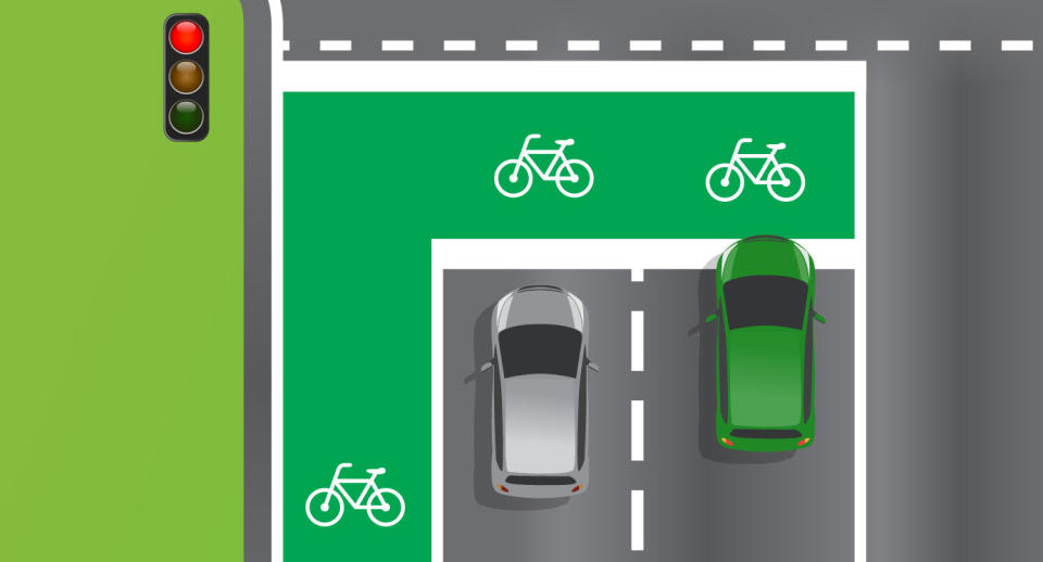 A graphic shows two cars next to a cycling lane.