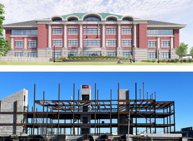 A split shot shows a rendering of Quincy's new public safety headquarters above a recent photograph of the construction site.