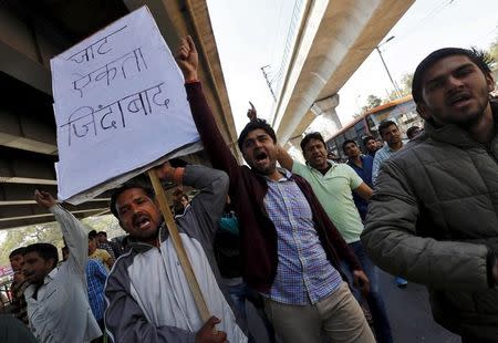 Demonstrators from the Jat community shout slogans during a protest in New Delhi, India, February 21, 2016. REUTERS/Adnan Abidi