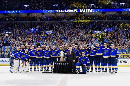 May 21, 2019; St. Louis, MO, USA; The St. Louis Blues celebrate their win over San Jose Sharks in game six of the Western Conference Final of the 2019 Stanley Cup Playoffs at Enterprise Center. The St. Louis Blues won 5-1. Mandatory Credit: Jeff Curry-USA TODAY Sports