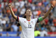 United States' Alex Morgan celebrates at the end of the Women's World Cup final soccer match between US and The Netherlands at the Stade de Lyon in Decines, outside Lyon, France, Sunday, July 7, 2019. US won 2:0. (AP Photo/David Vincent)