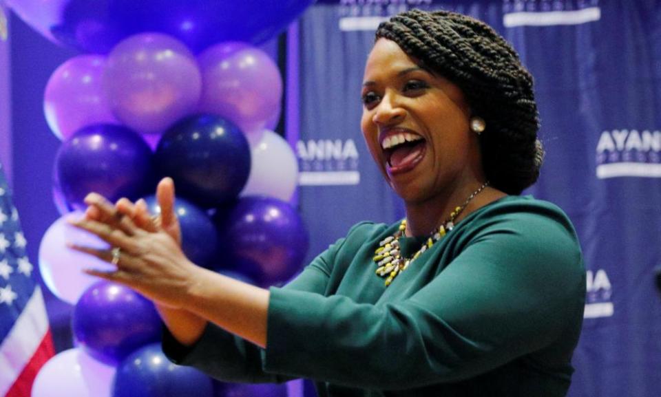 The Democratic candidate Ayanna Pressley takes the stage after winning the Democratic primary in Boston, Massachusetts. 