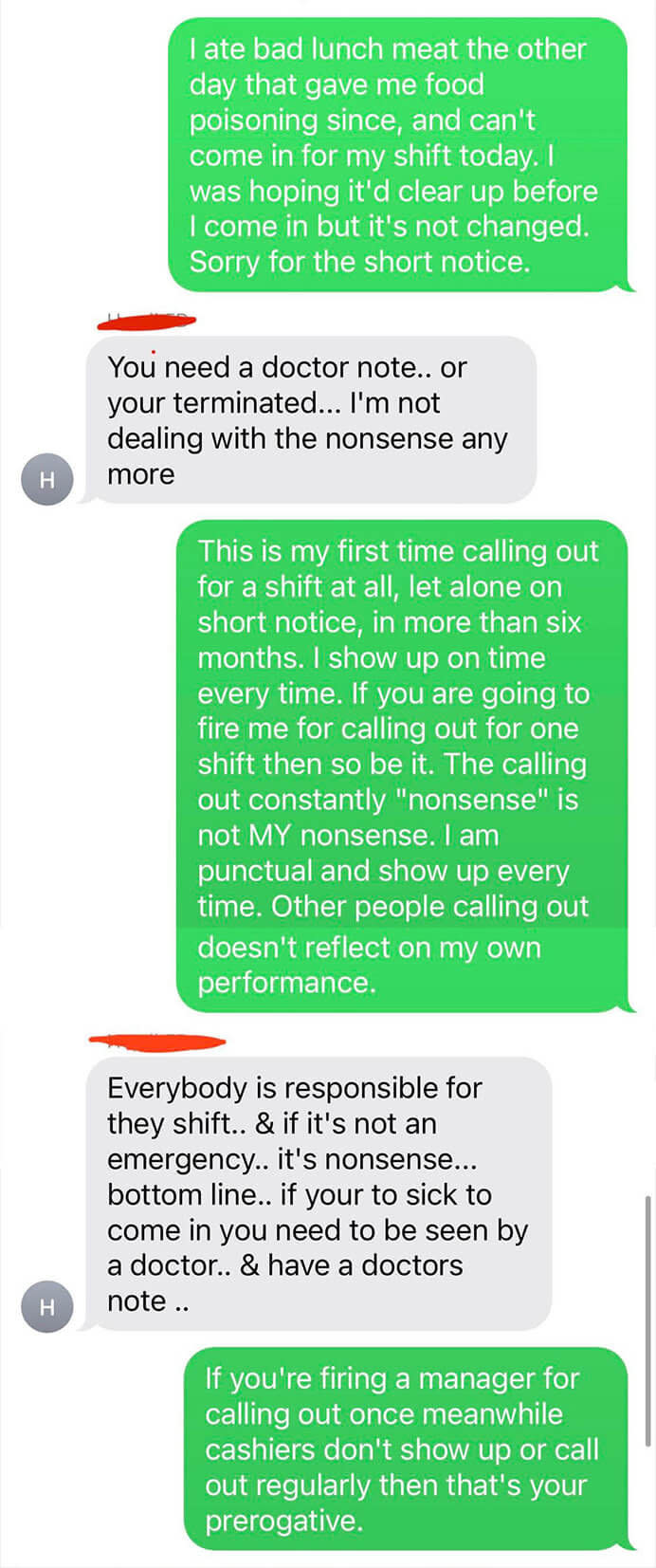 Texts between boss and employee where the employee calls out sick and the boss says they can't because there have been too many callouts and they need a doctor's note