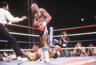 5. Marvelous Marvin Hagler KO3 Thomas Hearns, April 15, 1985 – Regarded by many as the best short fight in boxing history, Hagler was too powerful for Hearns and proved it in this all-out slugfest. Hagler was cut in the third and knew he'd have to do something dramatic. Hagler landed a right hook to the head that staggered Hearns. Hagler literally ran across the ring after Hearns and cracked Hearns with a right. Hearns fell face first as Hagler celebrated a hard-fought win. (Photo credit: Getty)