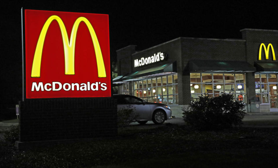 This Feb. 14, 2018, file photo shows a McDonald’s restaurant in Ridgeland, Miss. McDonald’s shares are declining on signs that its value menu may be falling flat with customers. (AP Photo/Rogelio V. Solis, File)