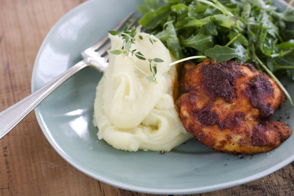 In this image taken on April 15, 2013, dairy-free modernist mashed potatoes are shown served on a plate in Concord, N.H. (AP Photo/Matthew Mead)