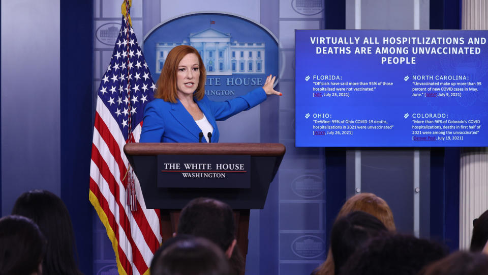 White House Press Secretary Jen Psaki gestures as she speaks at a daily press briefing in the James Brady Press Briefing Room of the White House on July 27, 2021 in Washington, DC. (Anna Moneymaker/Getty Images)