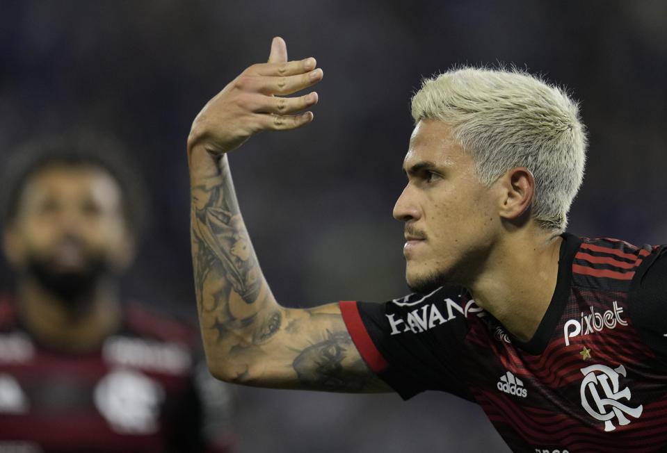 Pedro of Brazil's Flamengo celebrates scoring his side's opening goal against Argentina's Velez Sarsfield during a Copa Libertadores semifinal first leg soccer match at Jose Almafitani stadium in Buenos Aires, Argentina, Wednesday, Aug. 31, 2022. (AP Photo/Natacha Pisarenko)