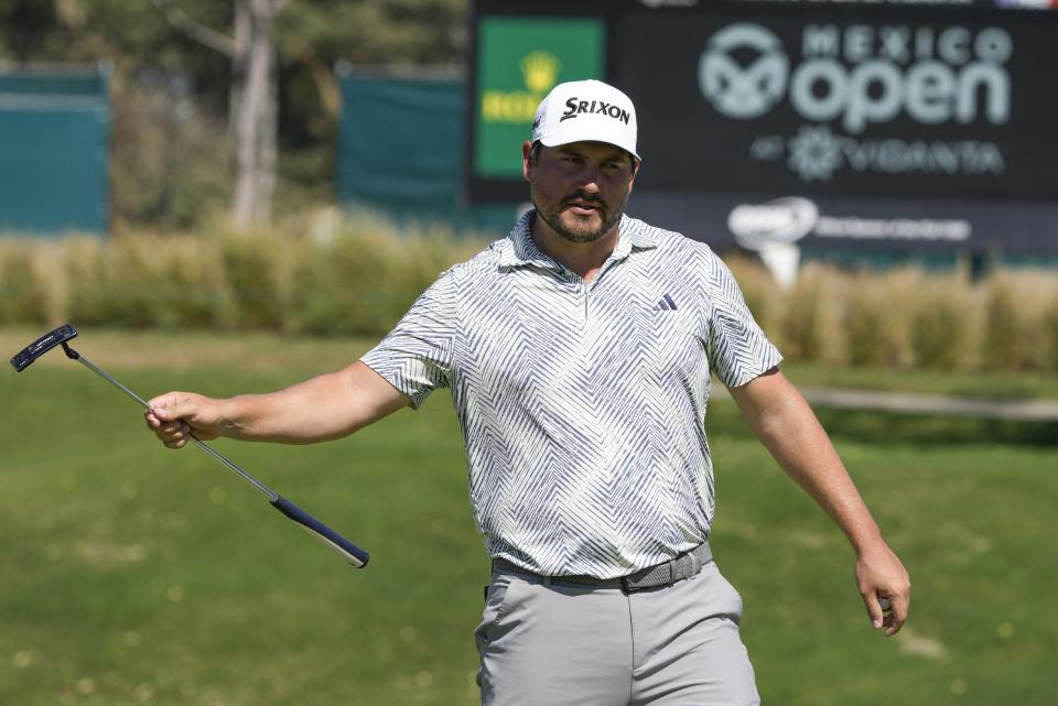 Andrew Novak, of the United States, reacts after making a par on the 9th hole during the second round of the Mexico Open golf tournament in Puerto Vallarta, Mexico, Friday, Feb. 23, 2024. (AP Photo/Fernando Llano)