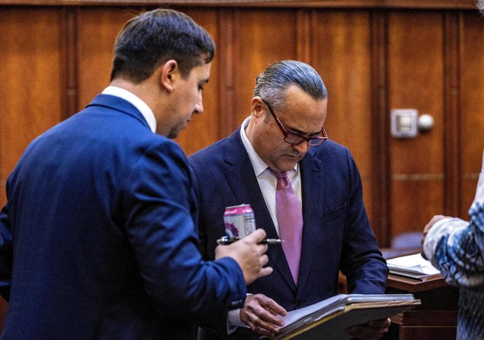 Prosecutor Khalil H. Quinan (left) and Defense attorney Frank Prieto, talked during the arraignment for Courtney Clenney, the OnlyFans model accused of murdering her boyfriend Christian Obumseli in Miami.