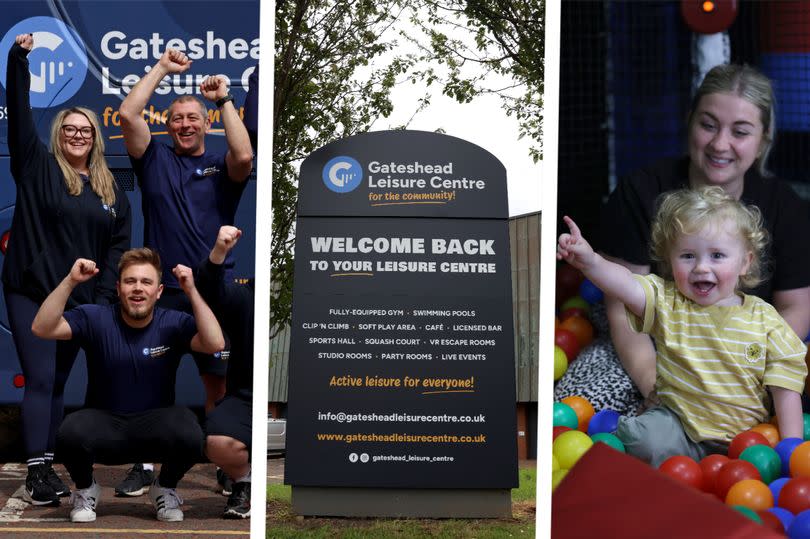 Gateshead Leisure Centre reopened on Friday, June 14. Pictured are celebrating staff, one-year-old Joseph Wilson, and mum Christina.