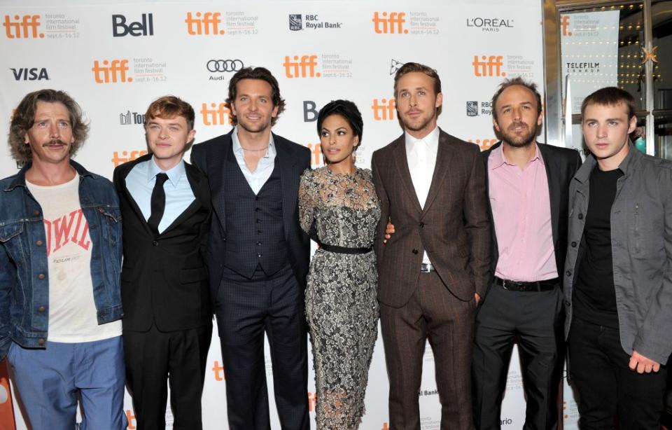 “The Place Beyond the Pines” cast and crew — including Ben Mendelsohn (from left), Dane DeHaan, Bradley Cooper, Eva Mendes, Ryan Gosling, Derek Cianfrance and Emory Cohen — at the Toronto International Film Festival. Sonia Recchia/Getty Images