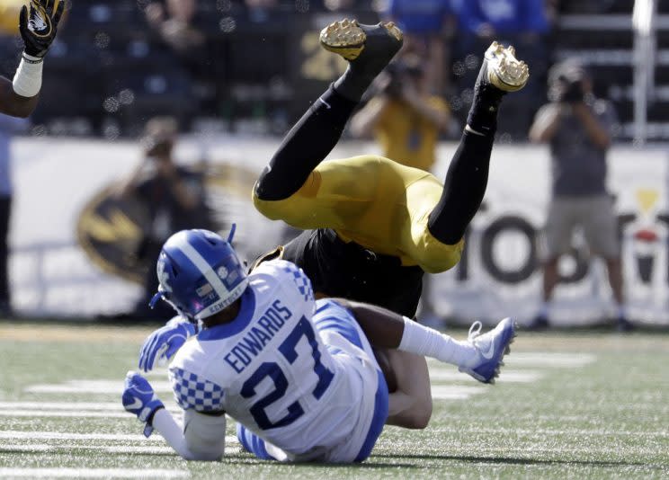 Kentucky’s Mike Edwards had a bit of an issue with his pants on Wednesday morning. (AP)