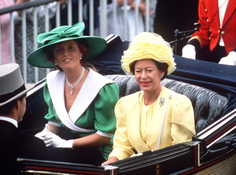 Sarah, Duchess of York,&nbsp;and Princess Margaret attend Ascot in 1987.