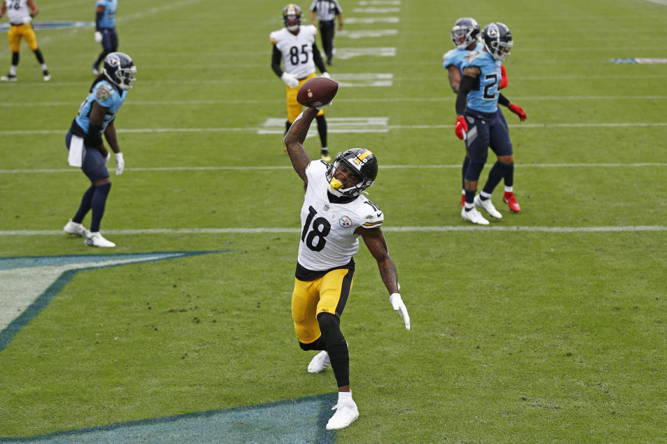 Pittsburgh Steelers wide receiver Diontae Johnson (18) celebrates after scoring a touchdown against the Tennessee Titans in the first half of an NFL football game Sunday, Oct. 25, 2020, in Nashville, Tenn. (AP Photo/Wade Payne)