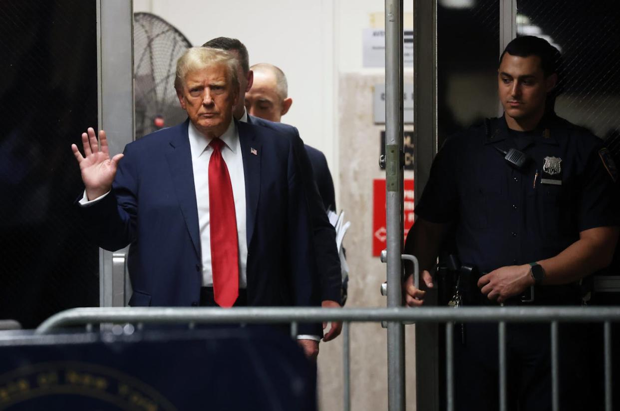 Donald Trump enters the Manhattan Criminal Court for more of his trial, on April 25, 2024. <a href="https://www.gettyimages.com/detail/news-photo/former-president-donald-trump-enters-manhattan-criminal-news-photo/2150181112" rel="nofollow noopener" target="_blank" data-ylk="slk:Spencer Platt/Getty Images;elm:context_link;itc:0;sec:content-canvas" class="link ">Spencer Platt/Getty Images</a>