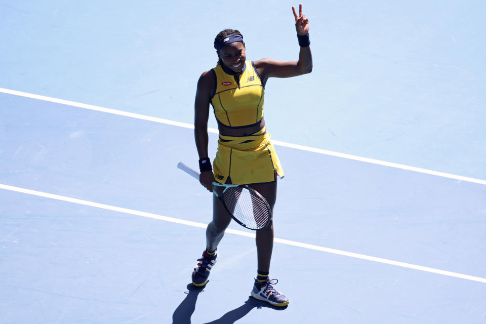 Coco Gauff of the U.S. celebrates after defeating Marta Kostyuk of Ukraine in their quarterfinal match at the Australian Open tennis championships at Melbourne Park, Melbourne, Australia, Tuesday, Jan. 23, 2024. (AP Photo/Asanka Brendon Ratnayake)