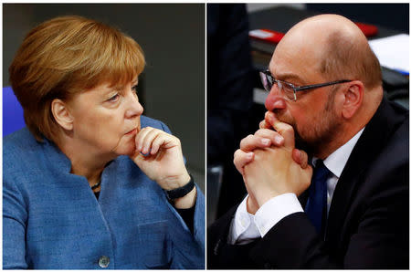 FILE PHOTO - A combination of two photos show German Chancellor Angela Merkel and Social Democratic Party (SPD) leader Martin Schulz as they attend a debate of the lower house of parliament Bundestag in Berlin, Germany, December 12, 2017. REUTERS/Fabrizio Bensch