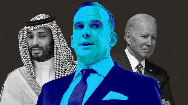 A composite of Saudi Crown Prince Mohammed bin Salman, White House adviser Brett McGurk and U.S. President Joe Biden (Photo: Illustration: Damon Dahlen/HuffPost; Photos: Getty)