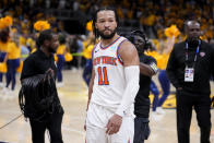 New York Knicks guard Jalen Brunson walks off the court at the end of Game 3 against the Indiana Pacers in an NBA basketball second-round playoff series, Friday, May 10, 2024, in Indianapolis. The Pacers won 111-106. (AP Photo/Michael Conroy)