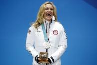 Medals Ceremony - Snowboarding - Pyeongchang 2018 Winter Olympics - Women's Big Air - Medals Plaza - Pyeongchang, South Korea - February 22, 2018 - Silver medalist Jamie Anderson of the U.S. on the podium. REUTERS/Kim Hong-Ji