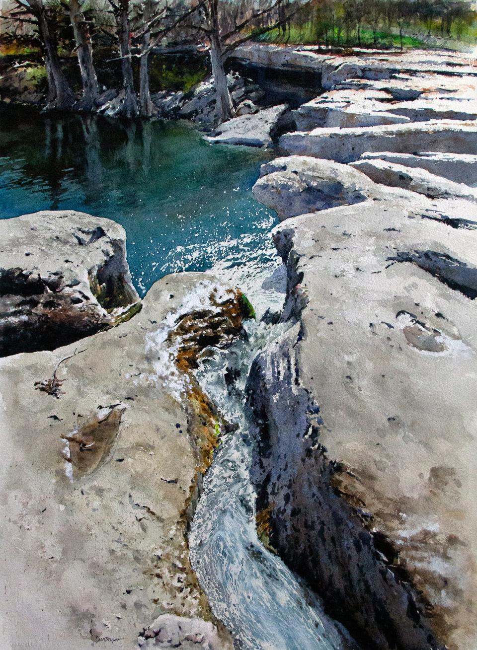 Ric Dentinger, Cascade, McKinney Falls State Park, 2020, watercolor on paper, 30x22 in.