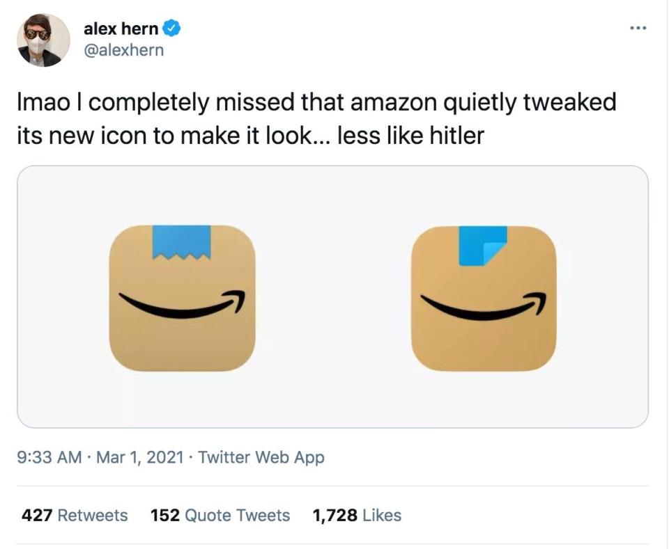 A screenshot of a tweet from Guardian technology editor Alex Hern showing the change in Amazon app icons.