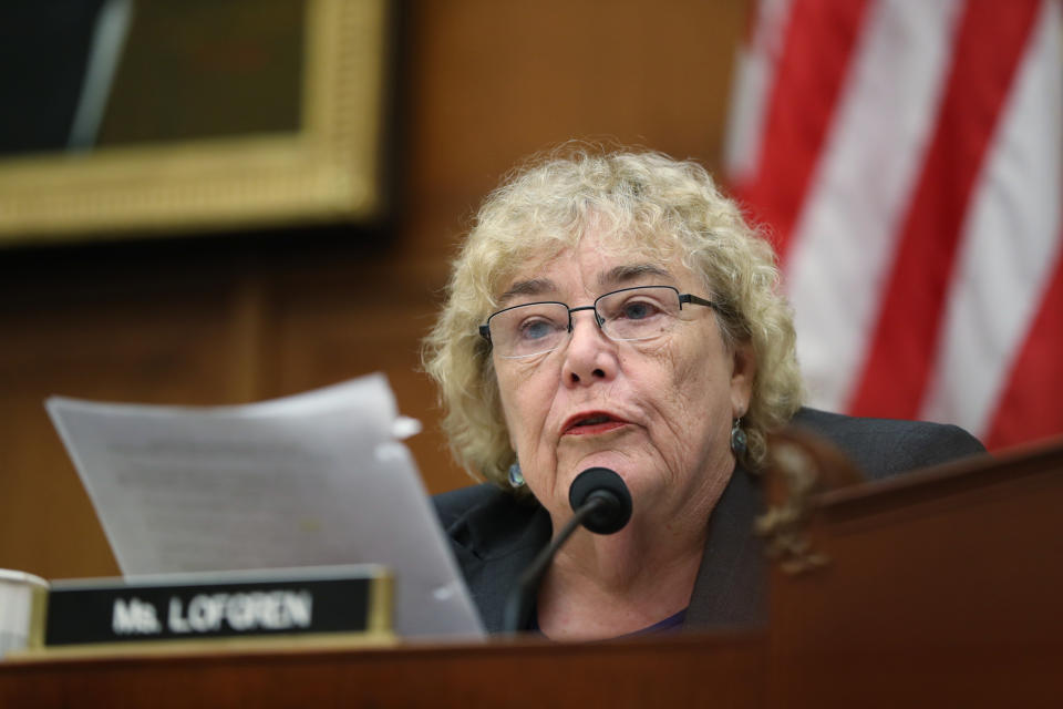 In this July 24, 2019 photo, Rep. Zoe Lofgren, D-Calif., asks questions to former special counsel Robert Mueller, as he testifies before the House Judiciary Committee hearing on his report on Russian election interference, on Capitol Hill, in Washington. (AP Photo/Andrew Harnik)