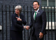 Britain's Prime Minister Theresa May welcomes Ireland's Taoiseach Leo Varadkar to Downing Street in London, September 25, 2017. REUTERS/Hannah McKay