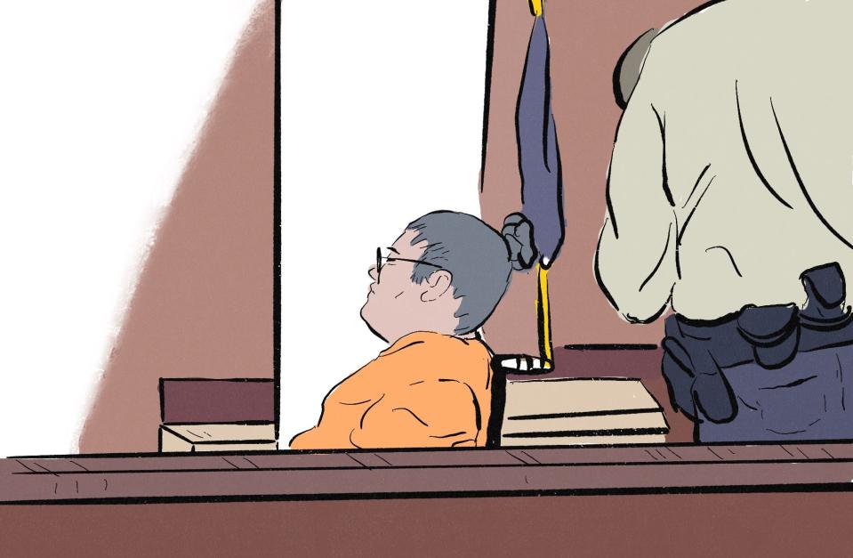 Illustration of Wilbur Tochico who had his wheelchair turned away from the father of Chardae Todd during sentencing on June 15 at Maricopa County Superior Court.