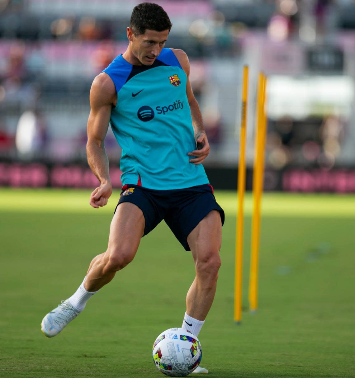 FC Barcelona forward Robert Lewandowski warms up before his friendly soccer match against Inter Miami CF at DRV PNK Stadium on Tuesday, July 19, 2022, in Fort Lauderdale, Fla.