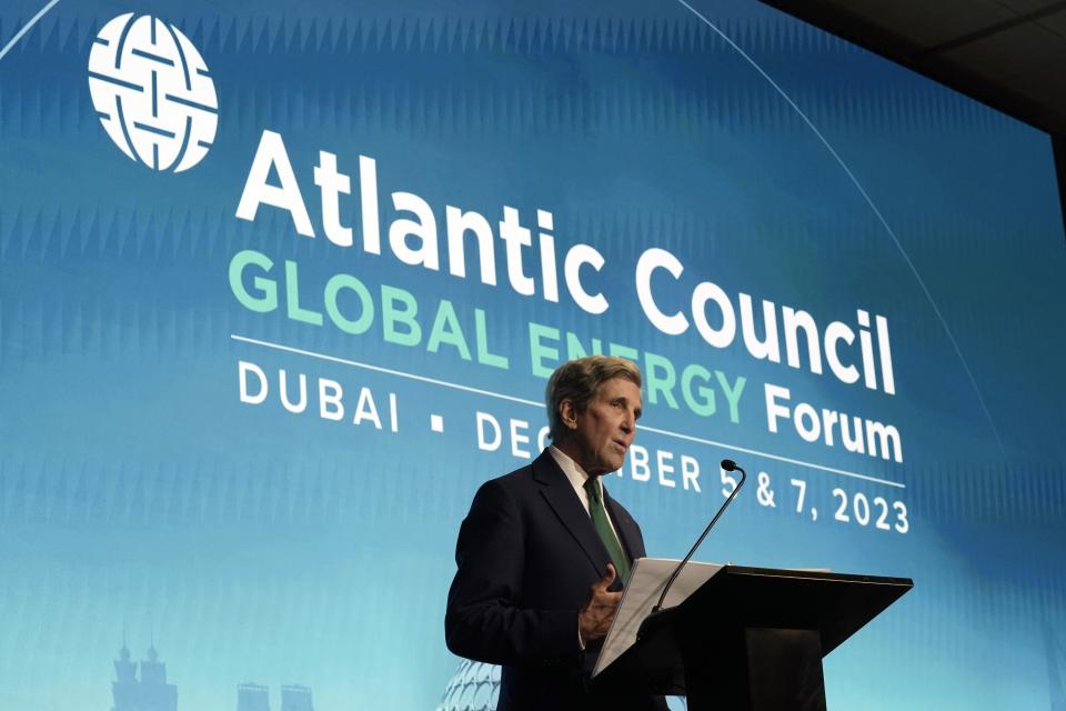 John Kerry, U.S. Special Presidential Envoy for Climate, speaks about nuclear fusion at the COP28 U.N. Climate Summit, Tuesday, Dec. 5, 2023, in Dubai, United Arab Emirates. (AP Photo/Joshua A. Bickel)
