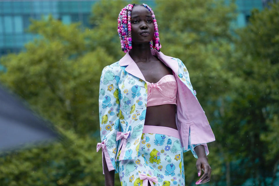 The Moschino collection is modeled during New York Fashion Week, Thursday, Sept. 9, 2021. (AP Photo/Mary Altaffer)