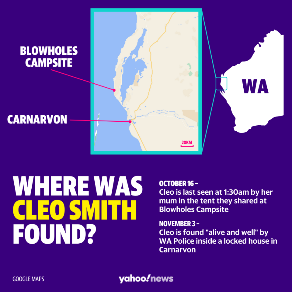 A map showing the distance between the home in Carnarvon and the Blowholes campsite. 