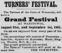 Turners' Festival announcement in the Manitowoc Tribune, Aug. 29, 1867.