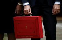 Britain's Chancellor of the Exchequer Rishi Sunak holds the red budget box outside his office in Downing Street in London