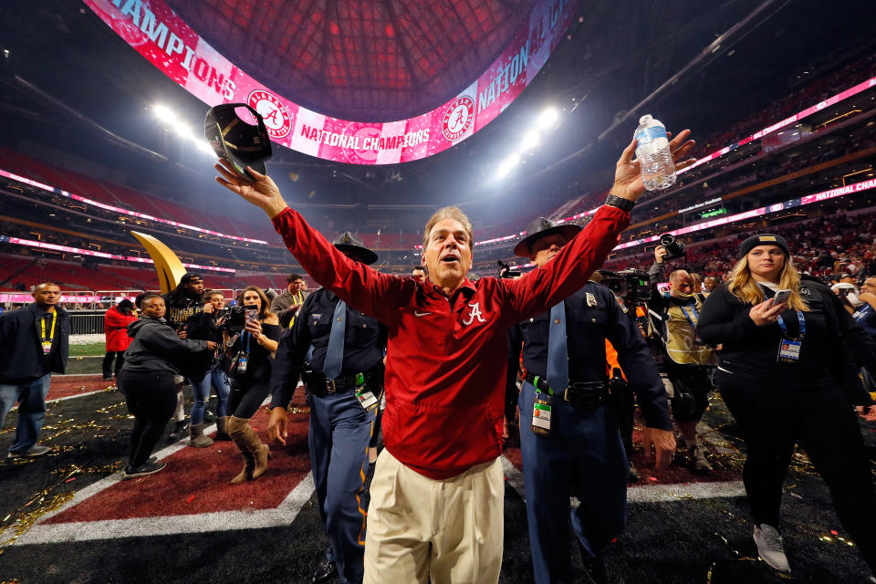 Alabama’s Nick Saban celebrates after winning the CFP National Championship at Mercedes-Benz Stadium on January 8, 2018 in Atlanta, Georgia. (Getty)