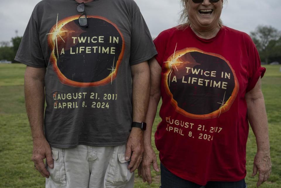 Bruce and Monica Geske pose for a photo as they visit Zilker Park for the total solar eclipse Monday, April 8, 2024 in Austin. The couple from Milwaukee, Wisconsin made the trip to Texas to see their second total eclipse after witnessing their first at the St Louis Zoo on August 21, 2017. “The animals were going crazy” Bruce said as he recounted the event.